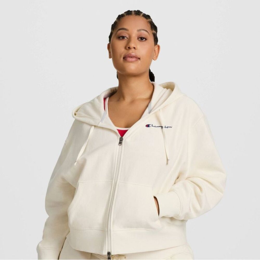 Champion Women's Cropped Fleece Zip-Up Sweatshirt - Cream XS